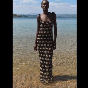 Zara Long crochet open knit rattan Black tan Women's bathing suit cover Dress